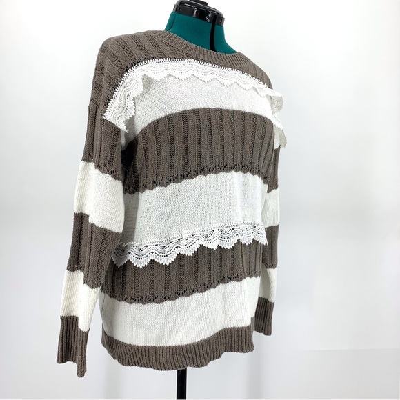 MISSLOOK Taupe and Cream Striped Long Sleeve Sweater with Lace Accents, Medium - Picture 11 of 15